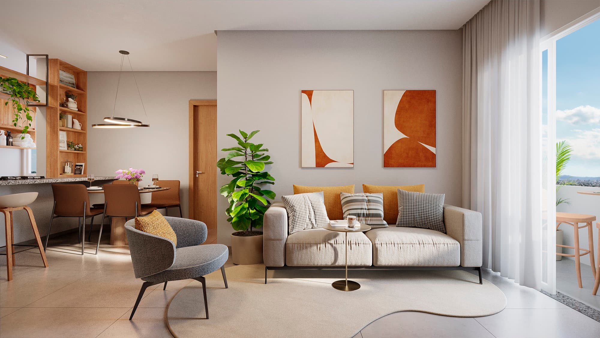 Sala de estar e jantar integrada de um apartamento do Residencial Coimbra